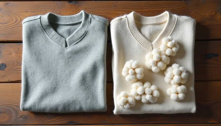 Side-by-side comparison of a high-quality natural wool knit and a pilled, worn-out synthetic fabric surface.