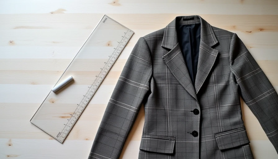 A vintage blazer laid out flat with measuring tools indicating the primary adjustment zones for tailoring.