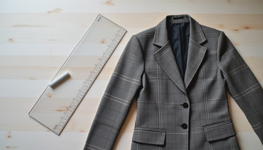 Structural Blazer Alteration Mapping A vintage blazer laid out flat with measuring tools indicating the primary adjustment zones for tailoring.