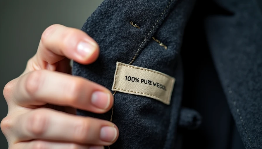 Close-up of a thrift shopper inspecting the fabric composition tag and lining condition of a vintage wool garment.