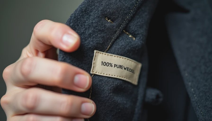 Checking Fabric Labels and Seam Quality Close-up of a thrift shopper inspecting the fabric composition tag and lining condition of a vintage wool garment.