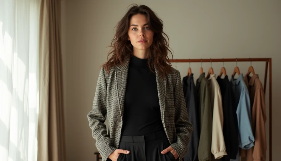 Sarah Jeffery modeling a professional outfit built from thrifted capsule basics in her bedroom.