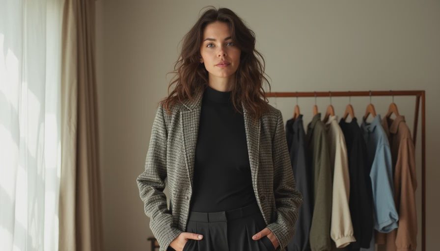 Sarah Jeffery Styling a Secondhand Blazer Sarah Jeffery modeling a professional outfit built from thrifted capsule basics in her bedroom.