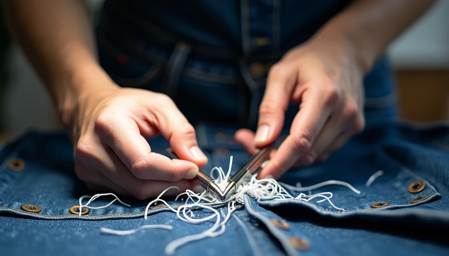 Close-up of a creator using a seam ripper under bright LED task lighting to fix a tangled, puckered stitch line on denim fabric.