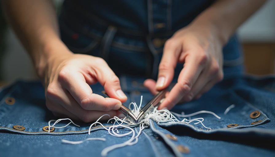 Correcting a Bad Sewing Seam with a Seam Ripper Close-up of a creator using a seam ripper under bright LED task lighting to fix a tangled, puckered stitch line on denim fabric.