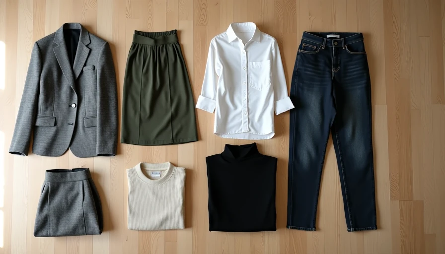 A flat-lay layout of nine minimalist, high-quality thrifted capsule wardrobe items arranged neatly on a light wood floor.
