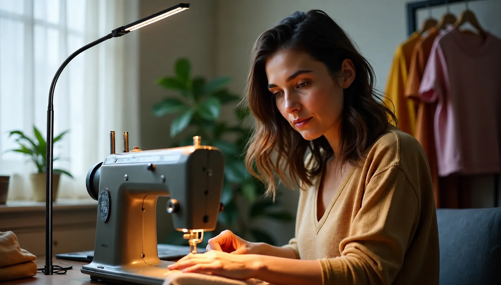 Seattle blogger Sarah Jeffery using a black minimalist double-head LED floor lamp to illuminate her sewing space while modifying a vintage dress.