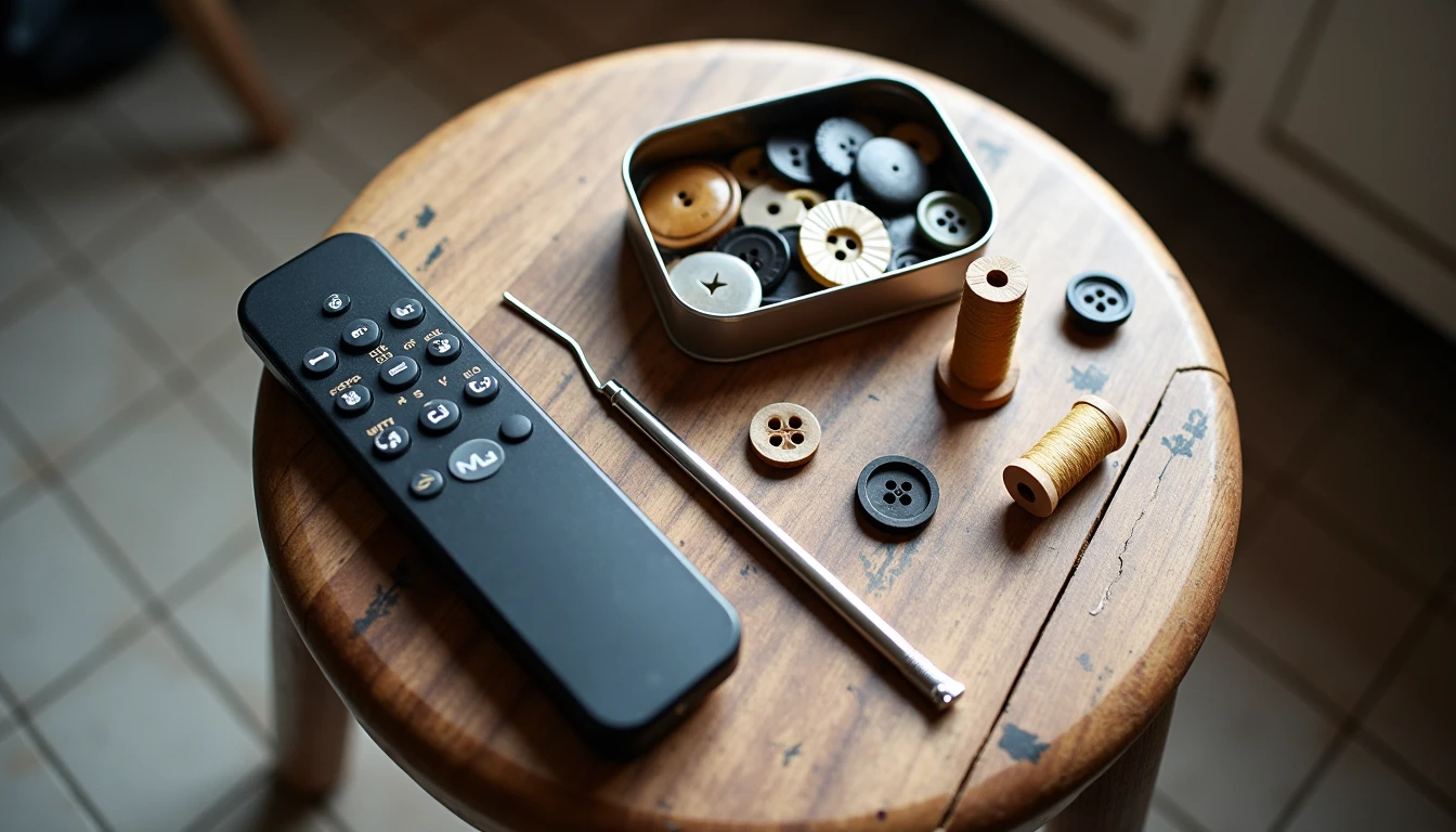 A simple sewing setup including thread, buttons, a seam ripper, and a modern lamp remote control on a rustic stool.