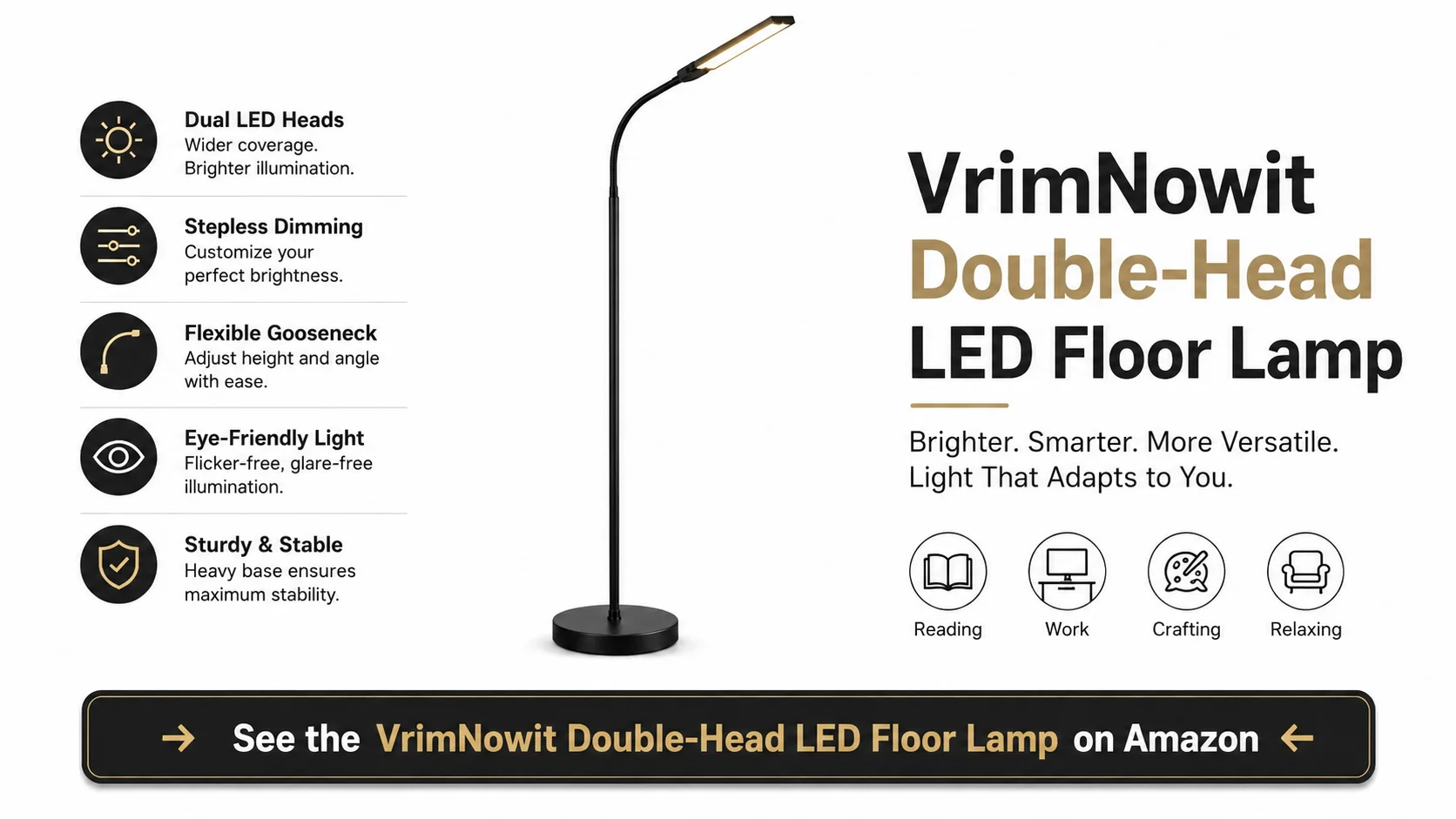 Official product layout and direct purchase call-to-action graphic for the VrimNowit Double-Head Eye-Caring LED Floor Lamp.