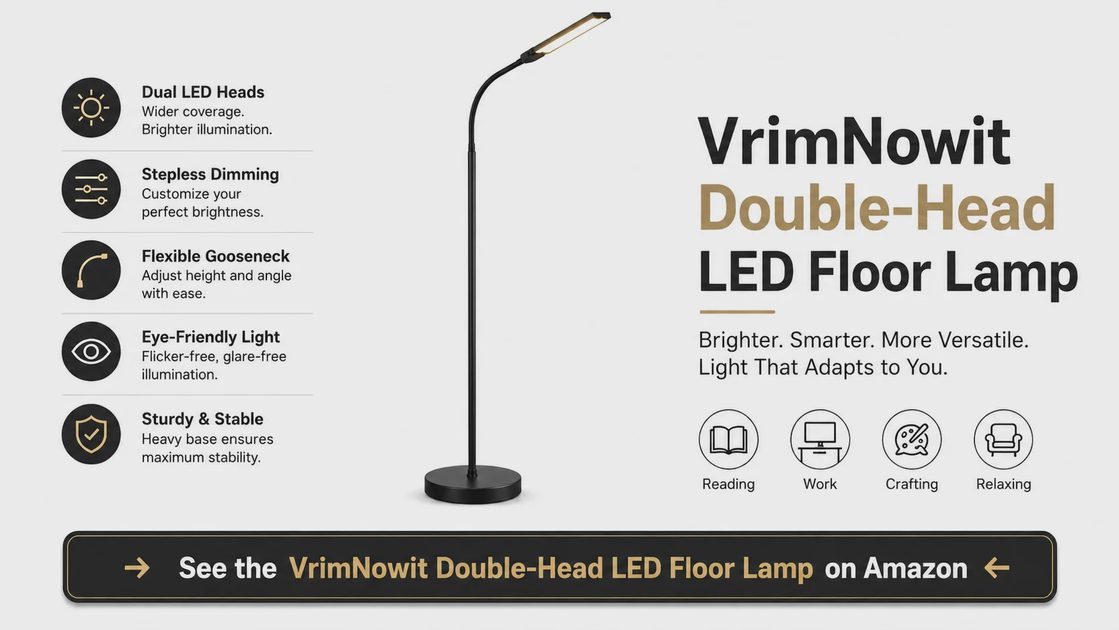 Shop the VrimNowit LED Floor Lamp on Amazon Official product layout and direct purchase call-to-action graphic for the VrimNowit Double-Head Eye-Caring LED Floor Lamp.