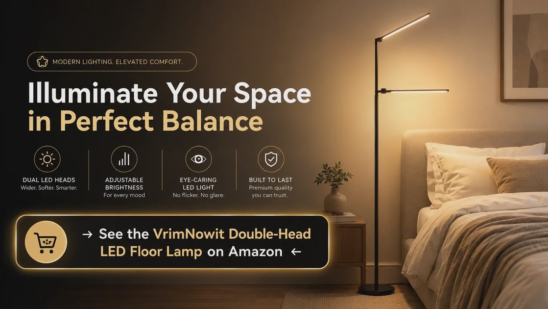 VrimNowit Double-Head LED Floor Lamp Amazon Direct Link High-conversion call-to-action banner linking directly to the VrimNowit Double-Head LED Floor Lamp product page on Amazon.