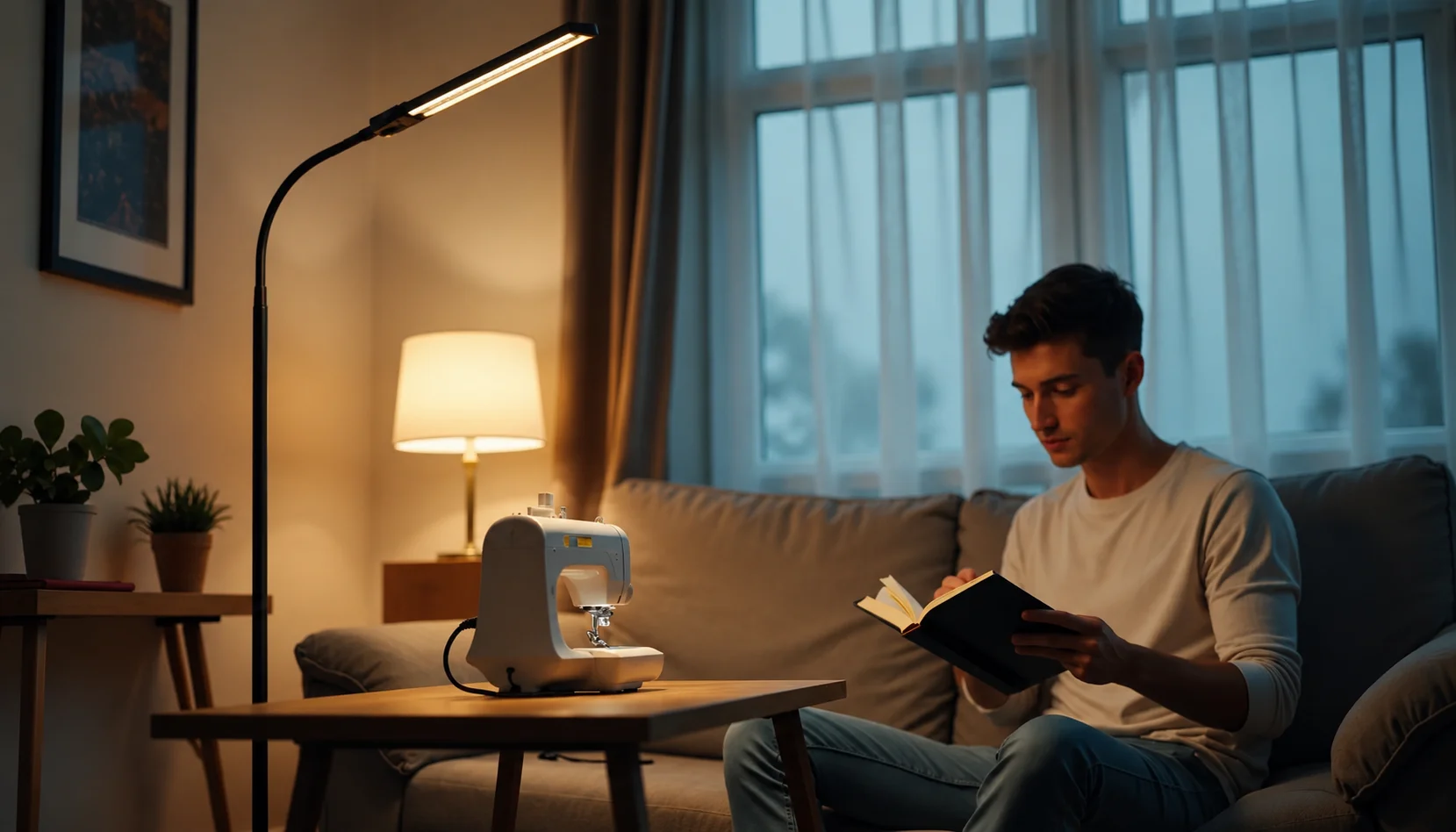A dual-zone lighting layout in an apartment where one head of a floor lamp provides room ambience while the other serves as a task light.