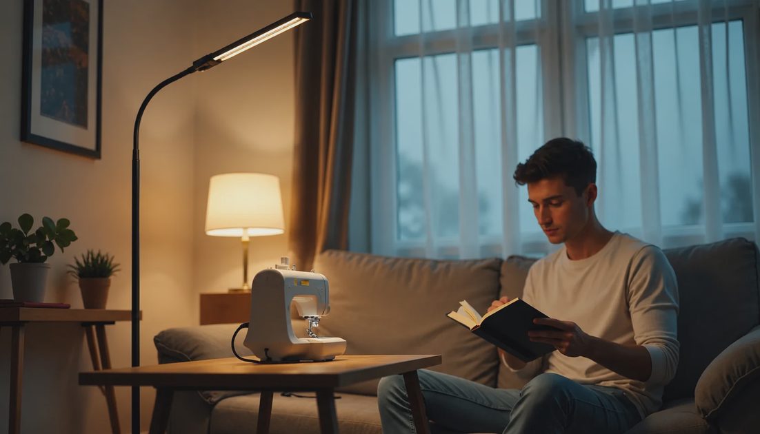 Dual Zone Living Room Lighting Functionality A dual-zone lighting layout in an apartment where one head of a floor lamp provides room ambience while the other serves as a task light.