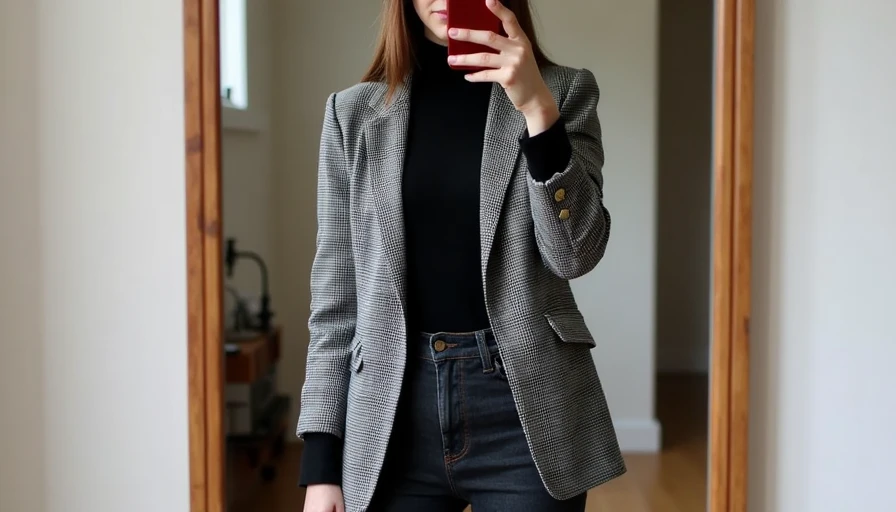 Everyday Thrifted Professional Silhouette A realistic mirror selfie showcasing an intentional secondhand professional outfit for a modern office workplace.
