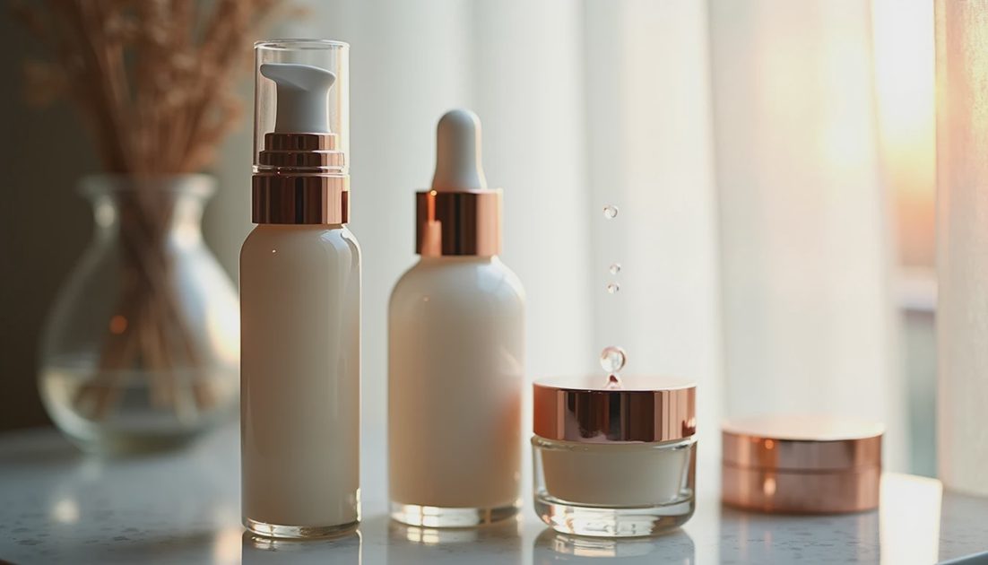 Morning skin care There are skincare products placed on the table.