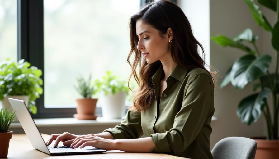 Sarah Jeffery wearing an ethically sourced, secondhand raw silk shirt while working at her home desk setup.