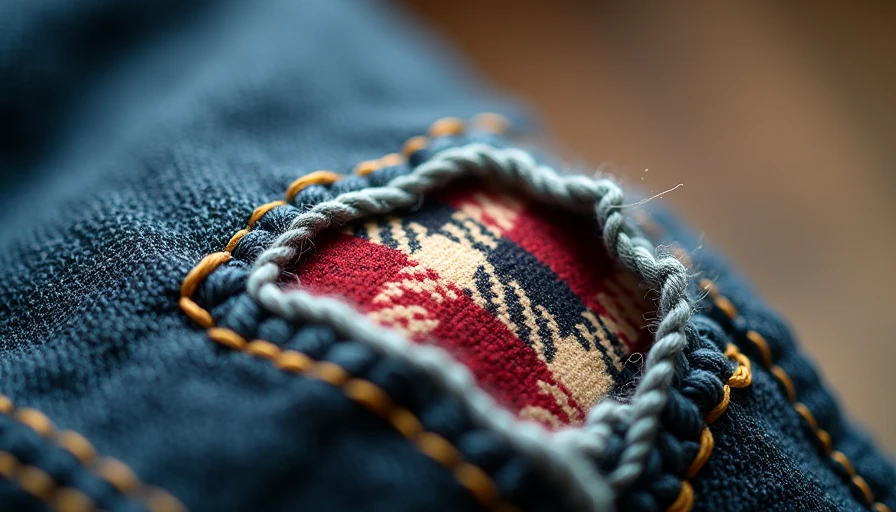Close-up of a visible mending repair using a wool scrap fabric patch and decorative hand-stitching on denim.