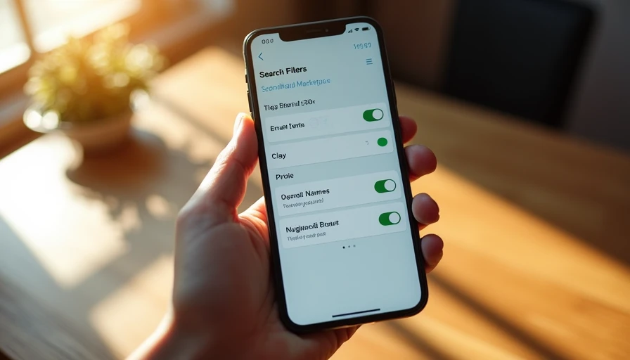Close-up of a smartphone screen showing highly targeted search filters and alerts for ethical clothing brands on a secondhand app.