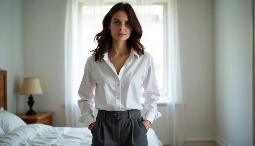 Sarah Jeffery styling a vintage white cotton button-down shirt to create a sharp, professional workplace silhouette.