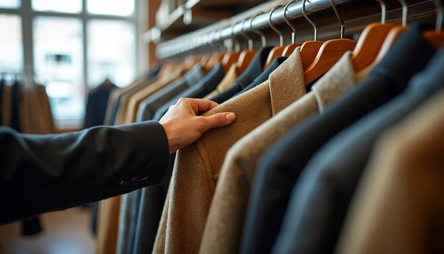 A thrift shopper quickly scanning the high-quality textures of the men's vintage jacket section at a secondhand store.