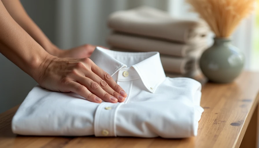 Close-up of neatly folded capsule wardrobe clothing items arranged in a quiet, minimalist apartment setting.