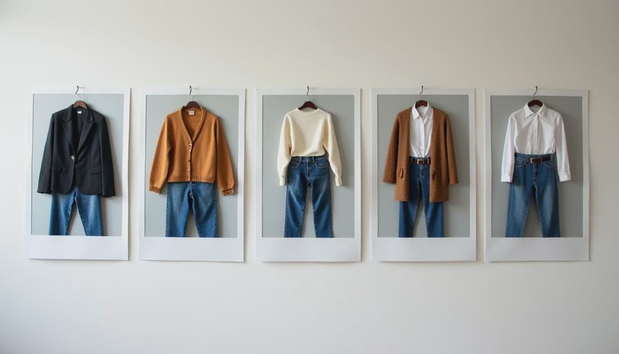 One Pair of Jeans Styled Five Ways A visual grid of polaroid photos demonstrating how a single pair of thrifted denim jeans anchors a full week of diverse outfits.