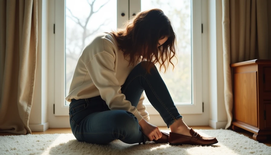Sarah Jeffery cleaning and restoring a pair of classic thrifted leather loafers under abundant natural window light.