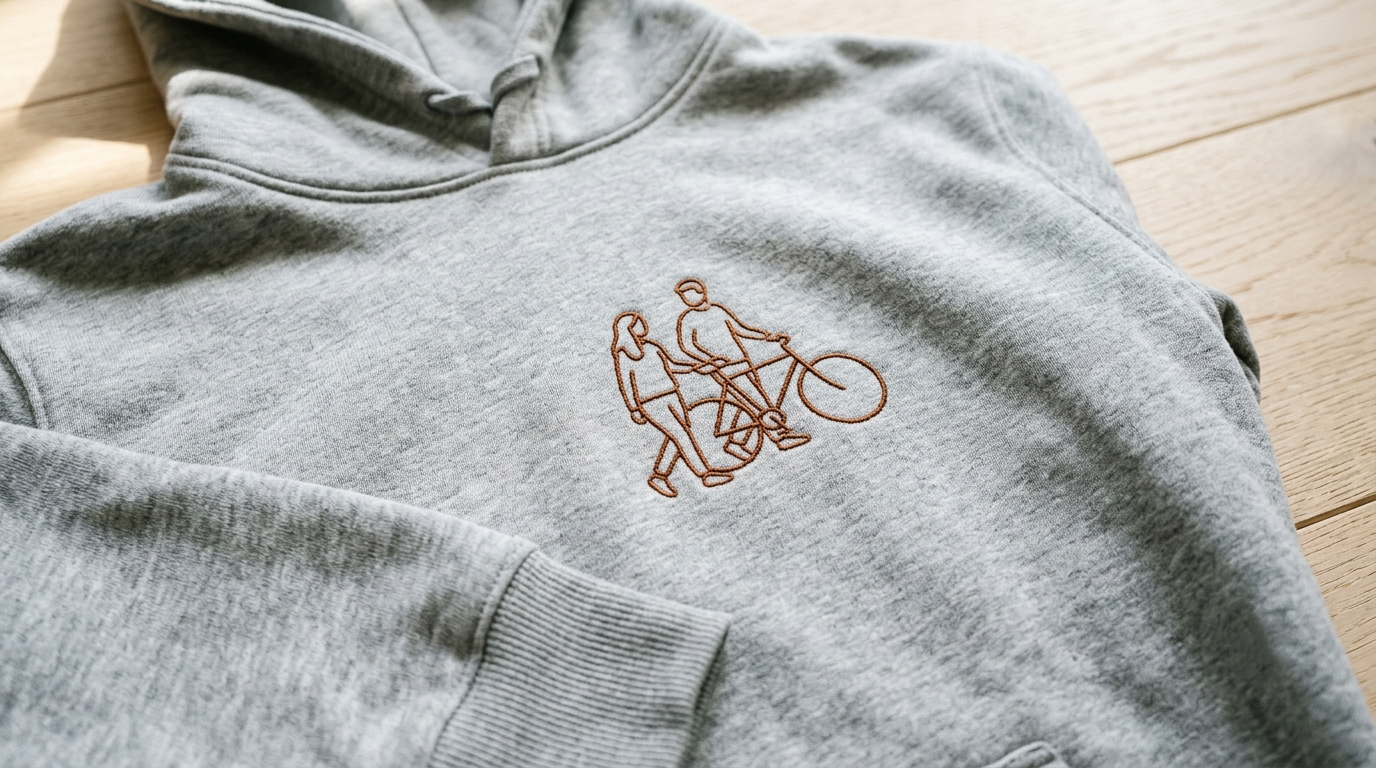 A single line, hand-drawn first, then stitched permanently in thread β the minimalism is the point.
